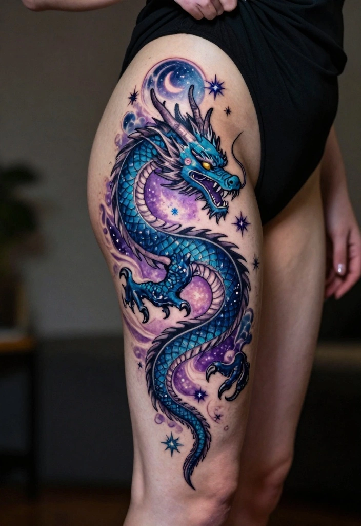 12 Dragon Leg Tattoo Ideas for Women: Fierce and Stylish 67 12 Dragon Leg Tattoo Ideas for Women: Fierce and Stylish - 7. Celestial Dragon with Stars 1