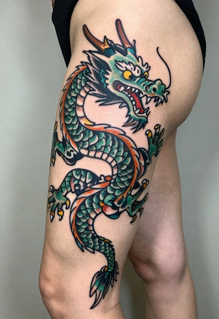 12 Dragon Leg Tattoo Ideas for Women: Fierce and Stylish 78 12 Dragon Leg Tattoo Ideas for Women: Fierce and Stylish - 8. Vintage Style Dragon 1