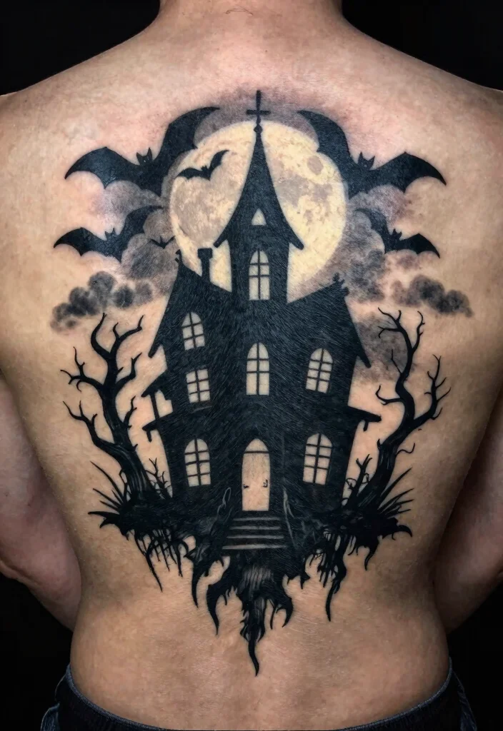 12 Friday the 13th Flash Tattoo Ideas Classic and Spooky - 9. Haunted House Silhouette 1