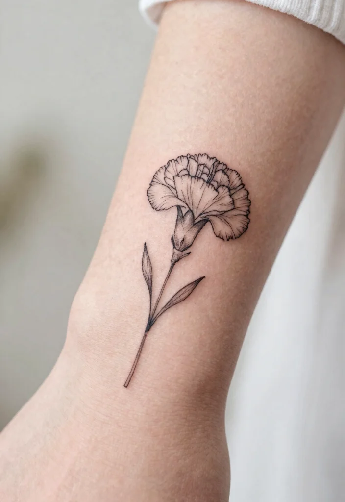 12 January and May Birth Flower Tattoo Ideas: Elegant Pairings 1 12 January and May Birth Flower Tattoo Ideas Elegant Pairings 1. Minimalist Carnation Outline 0