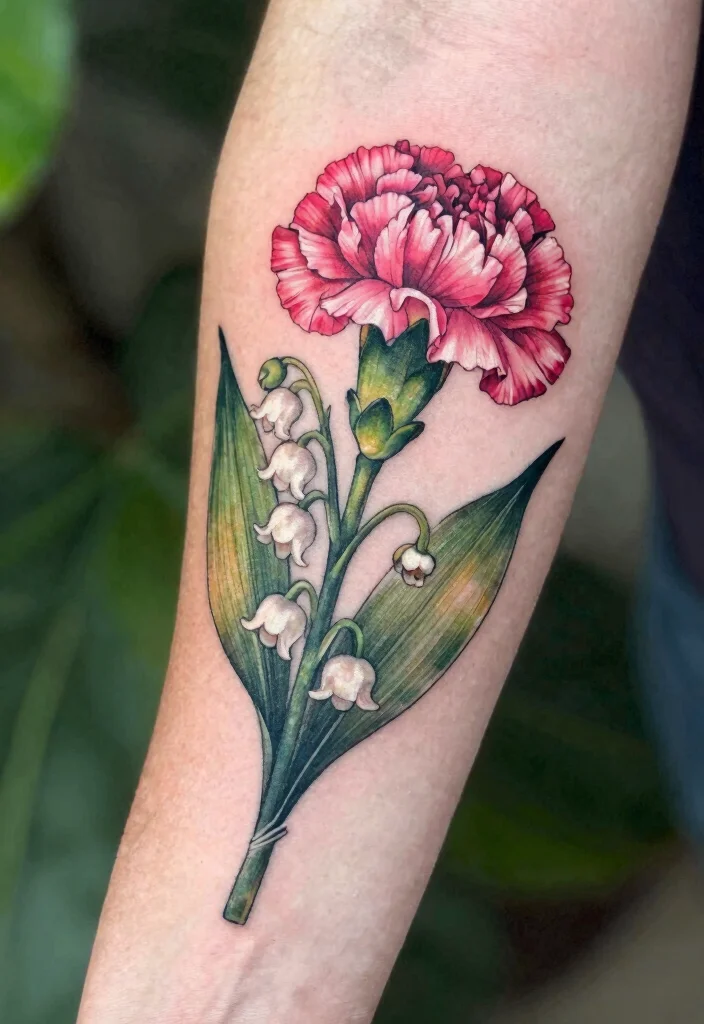 12 January and May Birth Flower Tattoo Ideas: Elegant Pairings 12 12 January and May Birth Flower Tattoo Ideas Elegant Pairings 2. Intricate Carnation and Lily of the Valley Design 0