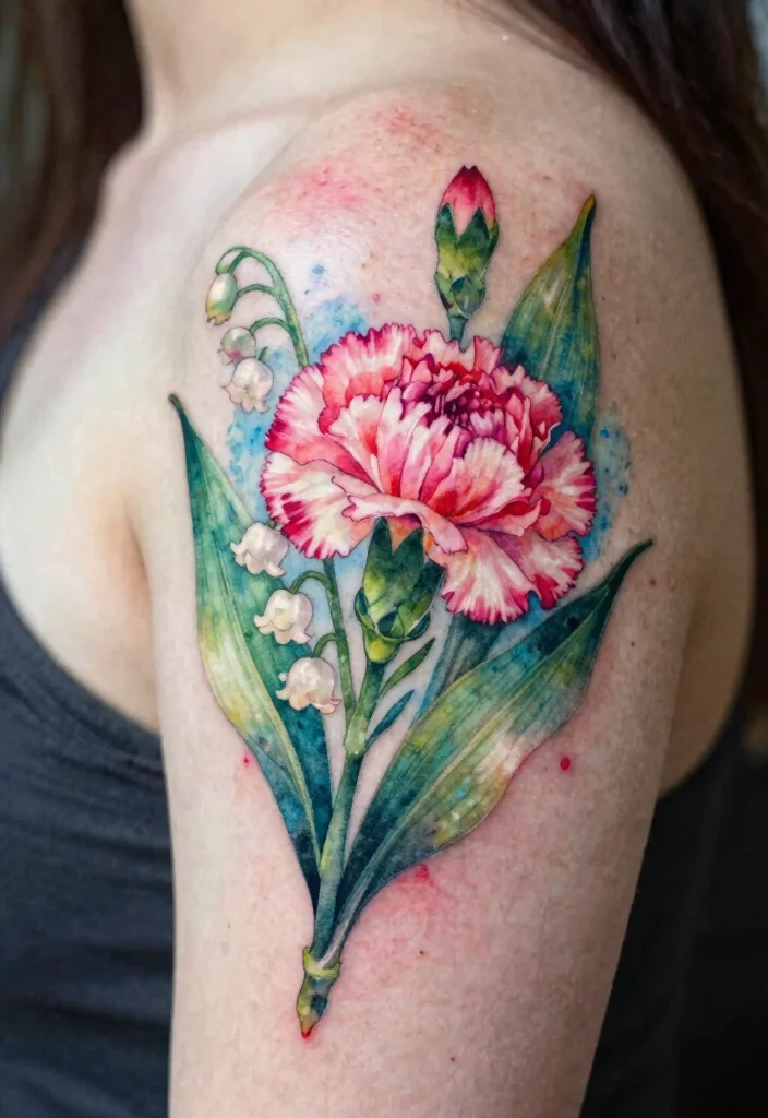 12 January and May Birth Flower Tattoo Ideas: Elegant Pairings 23 12 January and May Birth Flower Tattoo Ideas Elegant Pairings 3. Watercolor Carnation and Lily Tattoo 0