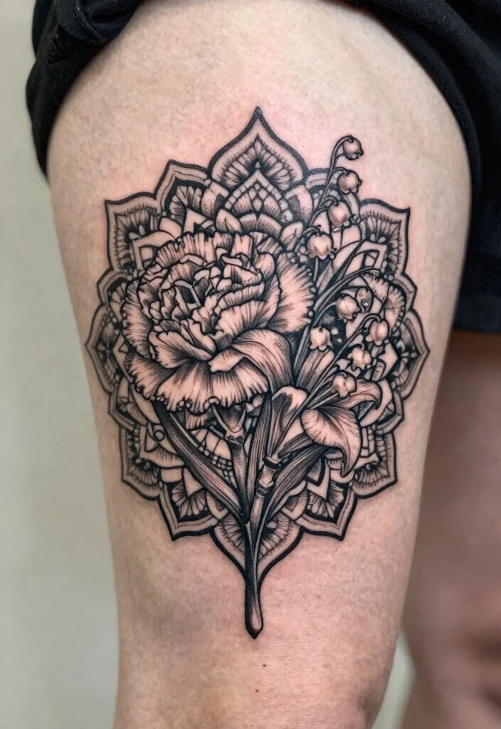 12 January and May Birth Flower Tattoo Ideas: Elegant Pairings 56 12 January and May Birth Flower Tattoo Ideas Elegant Pairings 6. Floral Mandala Fusion 0