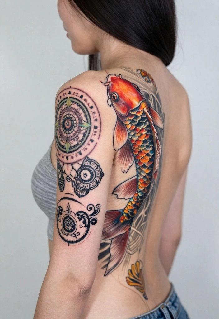 12 Koi Fish Back Tattoo Ideas for Black Women Bold and Symbolic 12. Koi with Spiritual Symbols 0