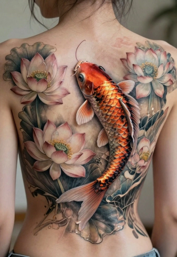 12 Koi Fish Back Tattoo Ideas for Black Women Bold and Symbolic 2. Koi Fish with Lotus Flowers 0