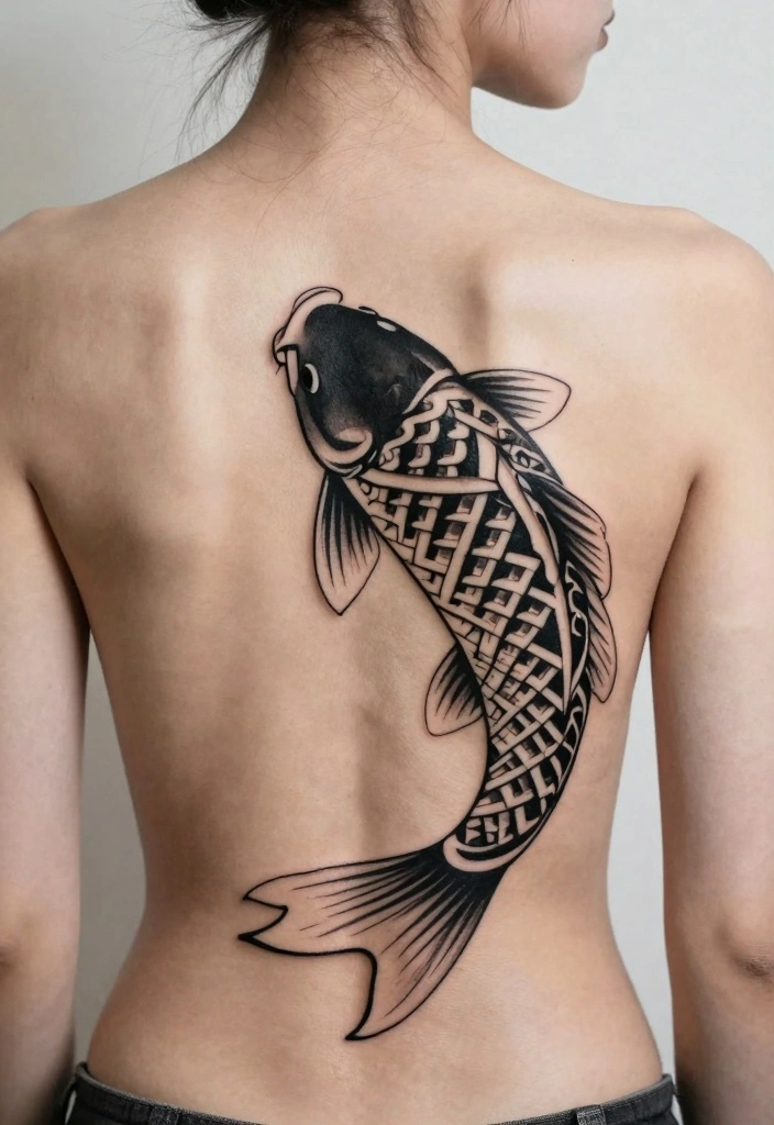 12 Koi Fish Back Tattoo Ideas for Black Women Bold and Symbolic 3. Tribal Inspired Koi Design 0