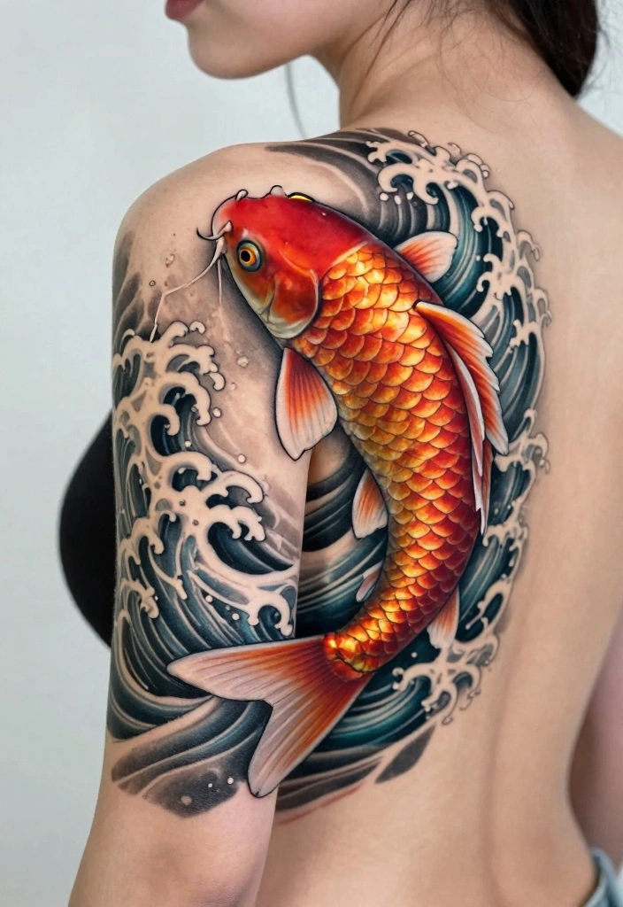 12 Koi Fish Back Tattoo Ideas for Black Women Bold and Symbolic 7. Koi and Waves 0