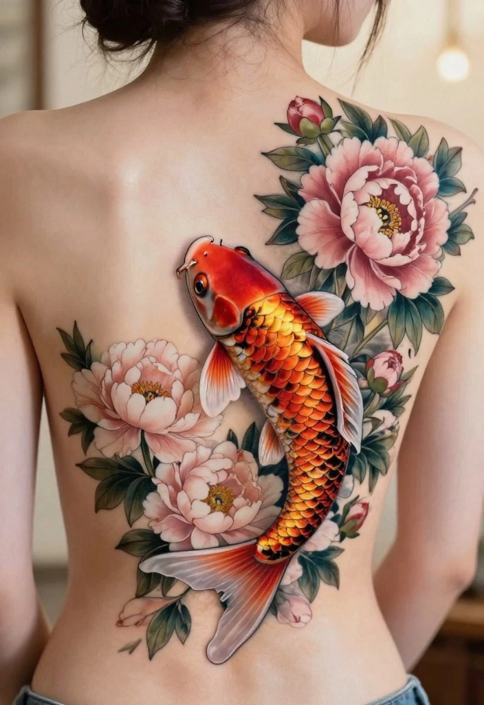 12 Koi Fish Back Tattoo Ideas for Black Women Bold and Symbolic 8. Elegant Koi with Floral Accents 0