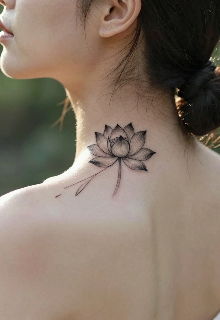 12 Minimal and Eye Catching Back of the Neck Tattoo Ideas 1. Tiny Lotus Bloom 0