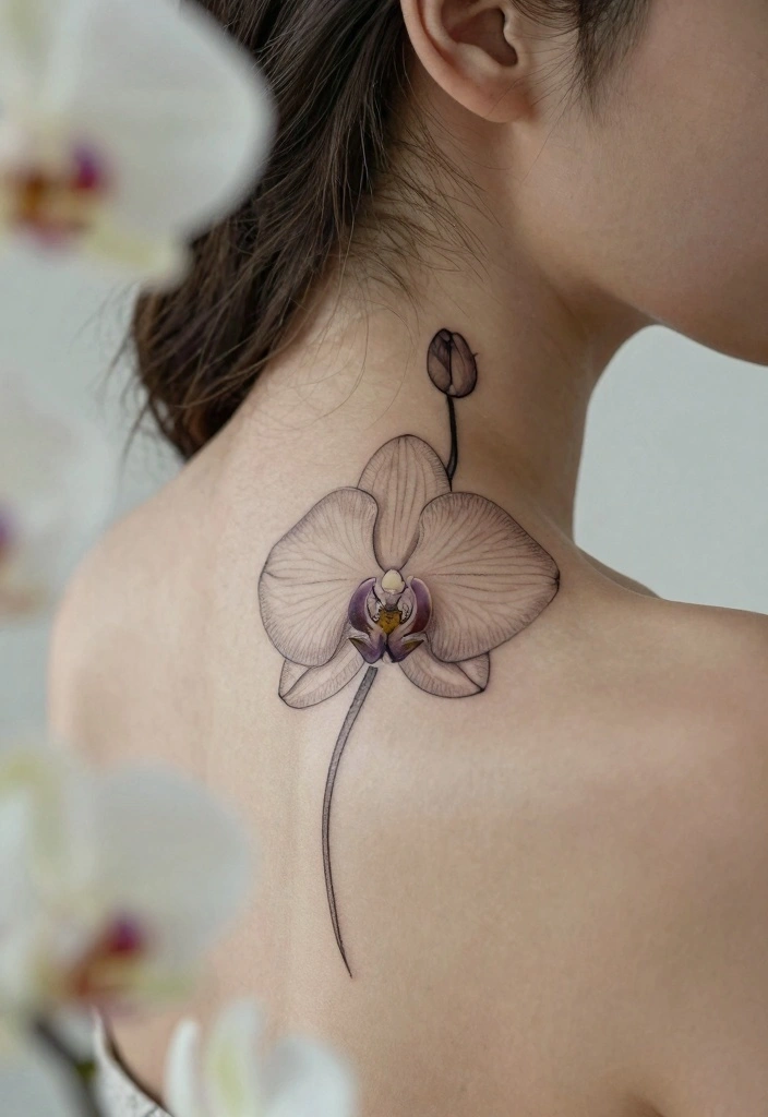 12 Minimal and Eye Catching Back of the Neck Tattoo Ideas 6. Minimalist Orchid 0