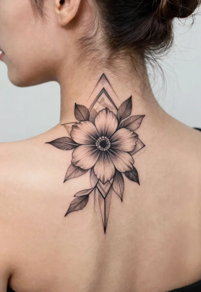12 Minimal and Eye Catching Back of the Neck Tattoo Ideas 7. Geometric Flower Fusion 0