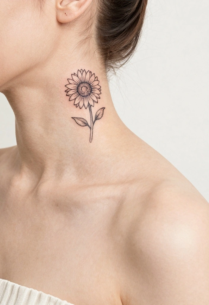 12 Minimal and Eye Catching Back of the Neck Tattoo Ideas 8. Tiny Sunflower 0