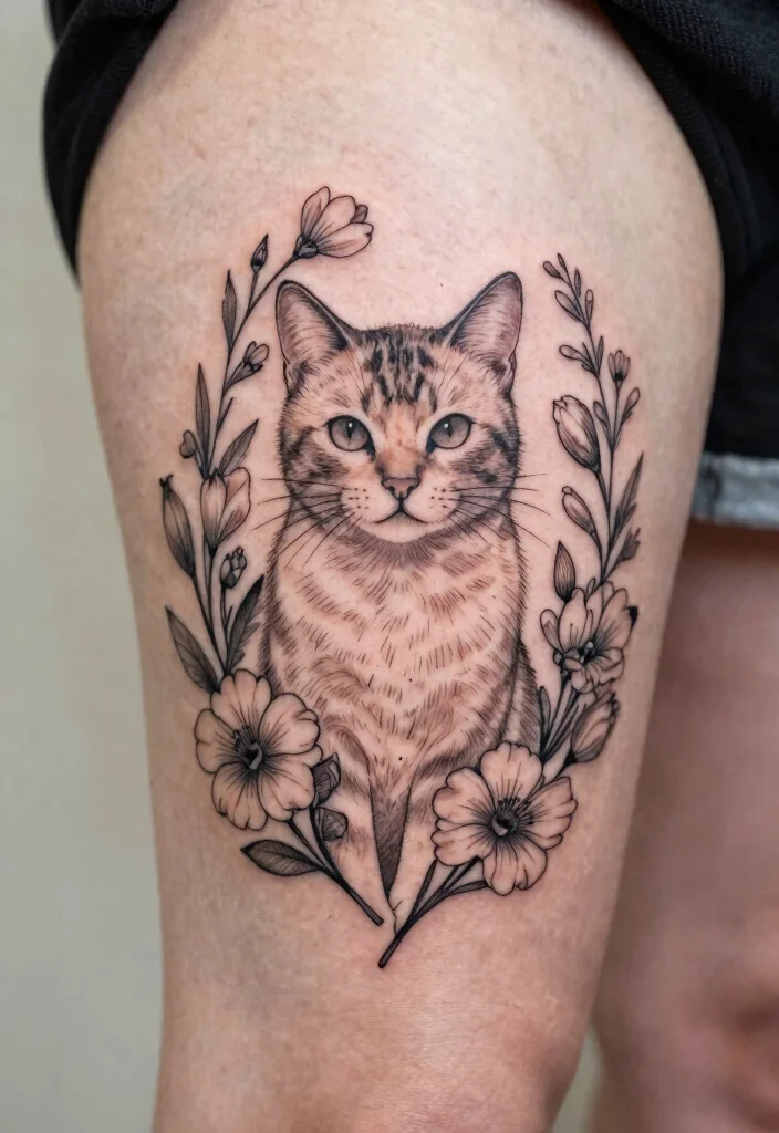 12 One Line Cat Tattoo Ideas Simple Artistic and Clean 111 12 One Line Cat Tattoo Ideas Simple Artistic and Clean 11. Cat with Flowers 0