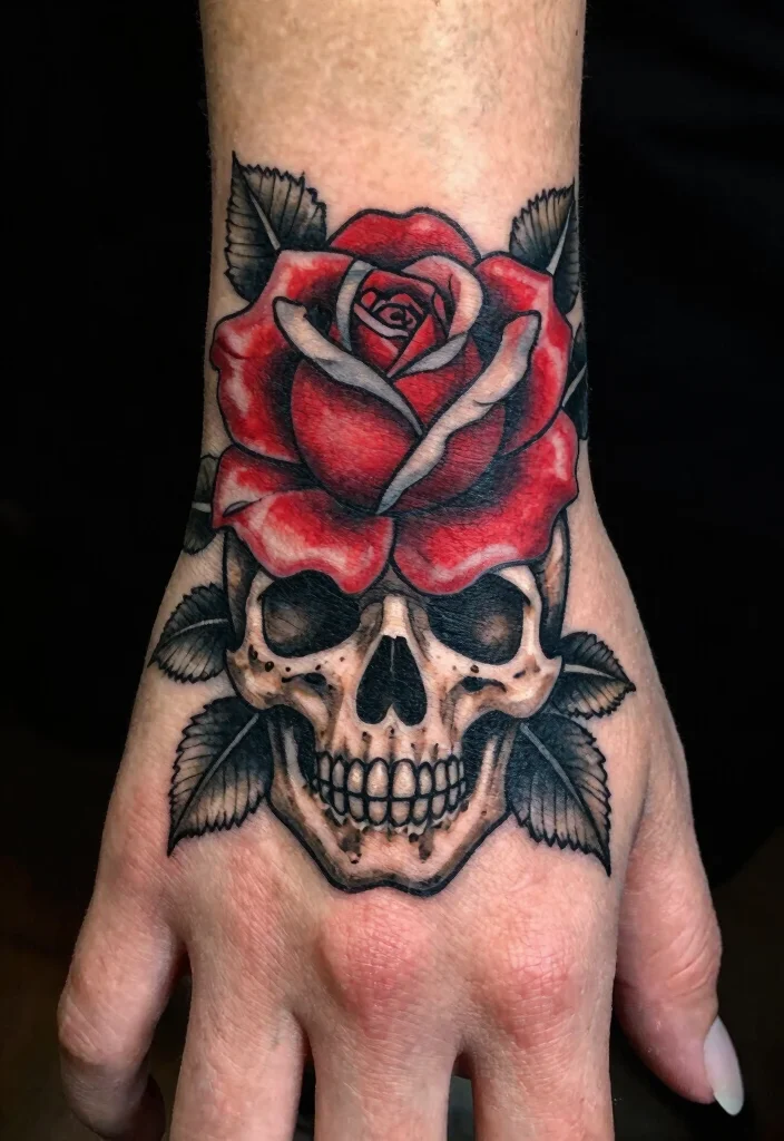 12 Rose Hand Tattoo Ideas for Women Bold and Feminine 10. Rose and Skull 0