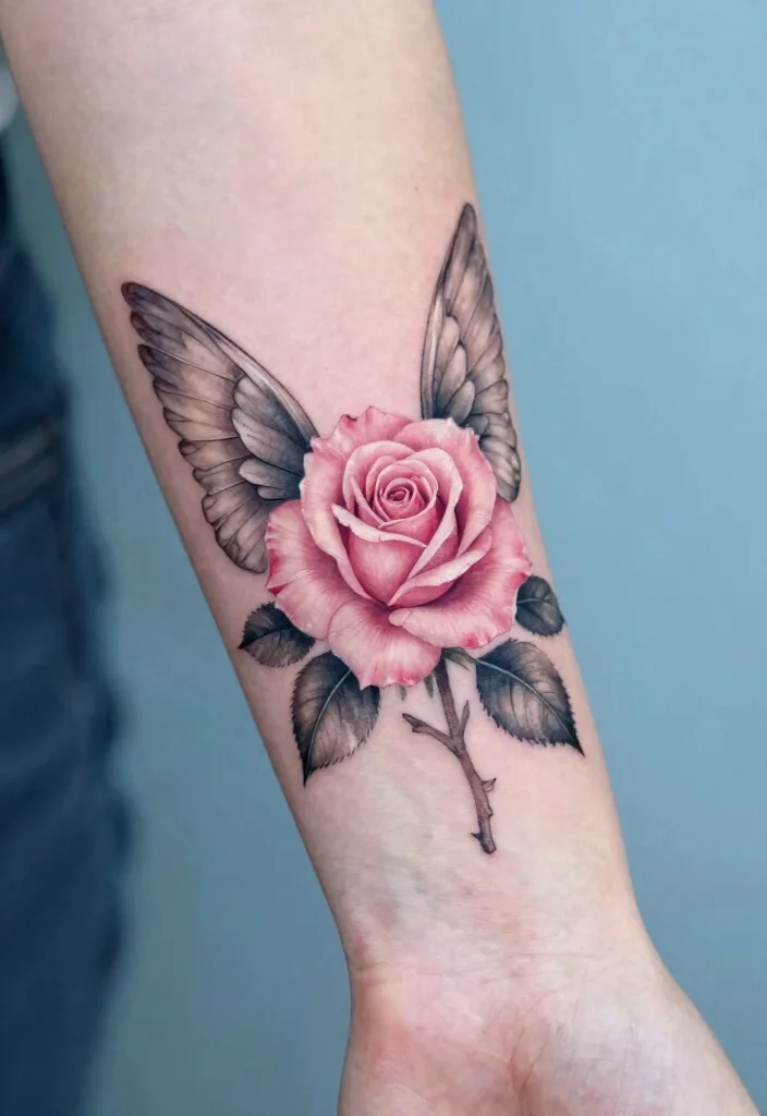 12 Rose Hand Tattoo Ideas for Women Bold and Feminine 11. Rose and Wings 0