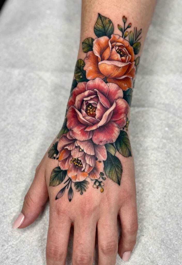 12 Rose Hand Tattoo Ideas for Women Bold and Feminine 12. Floral Hand Sleeve with Roses 0