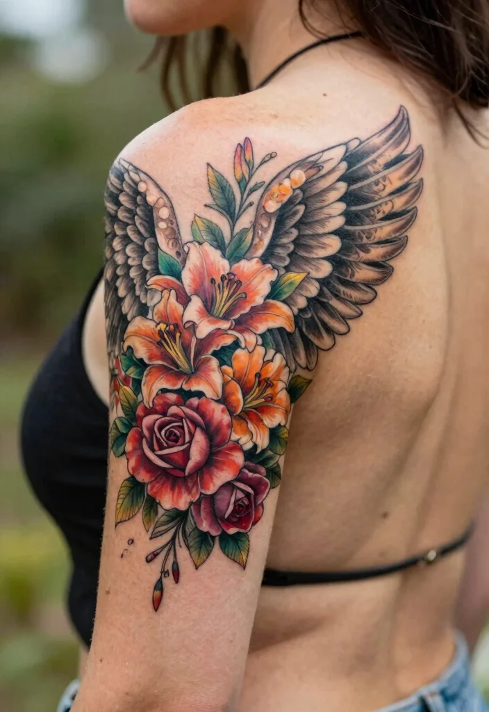 14 Angel Wings Tattoo Ideas on the Back Dramatic and Meaningful 11. Angel Wings with Floral Elements 0