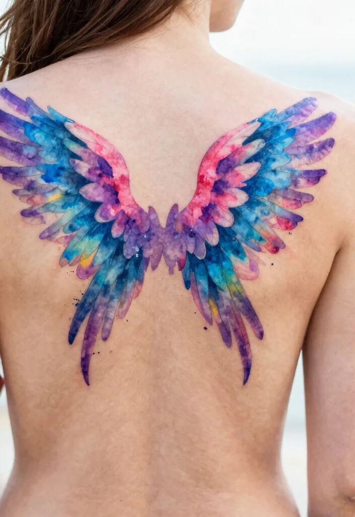 14 Angel Wings Tattoo Ideas on the Back Dramatic and Meaningful 2. Watercolor Angel Wings 0