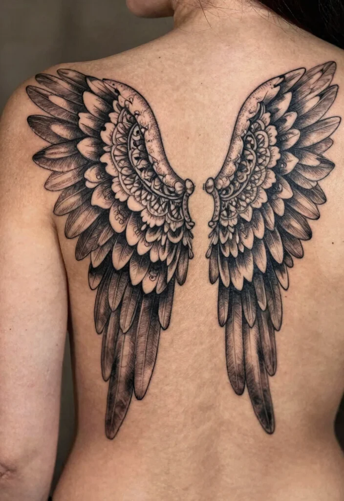14 Angel Wings Tattoo Ideas on the Back Dramatic and Meaningful 5. Ornate Decorated Wings 0
