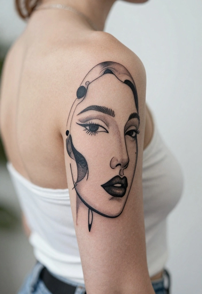 14 Back of Upper Arm Tattoo Ideas for Women Subtle and Chic 12. Abstract Faces 0