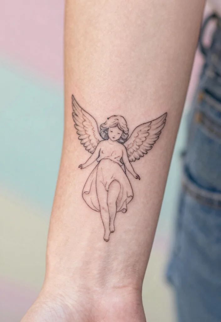 14 Beautiful Angel Tattoo Design Ideas for Women Soft and Elegant 1. Delicate Outline Angel 0
