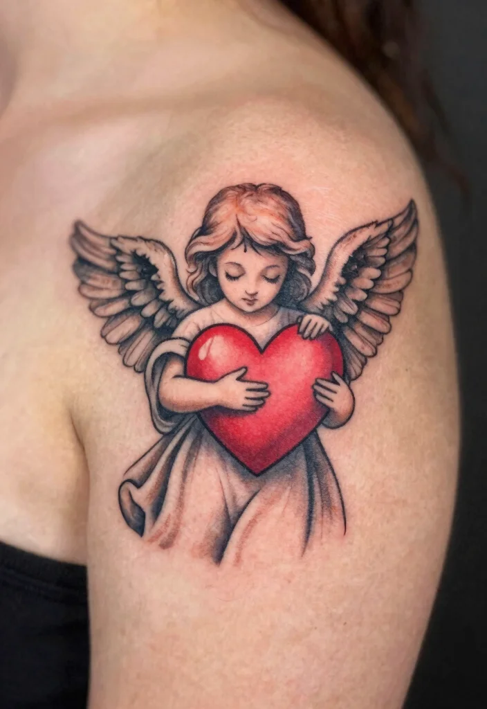14 Beautiful Angel Tattoo Design Ideas for Women Soft and Elegant 10. Angel Embracing a Heart 0