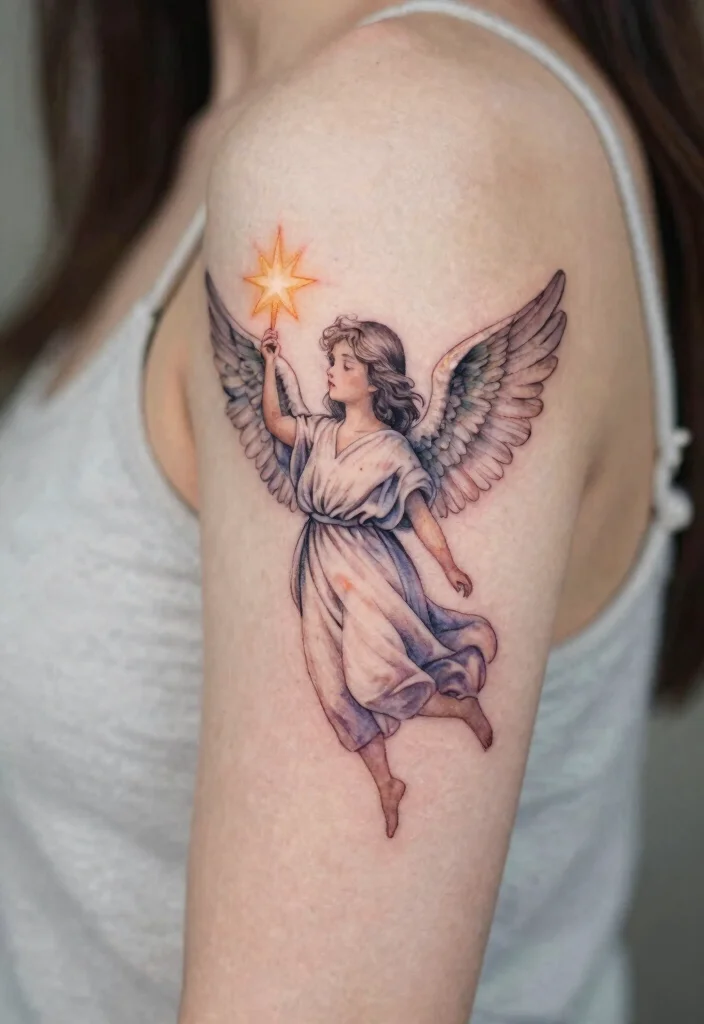 14 Beautiful Angel Tattoo Design Ideas for Women Soft and Elegant 11. Angel Holding a Star 0