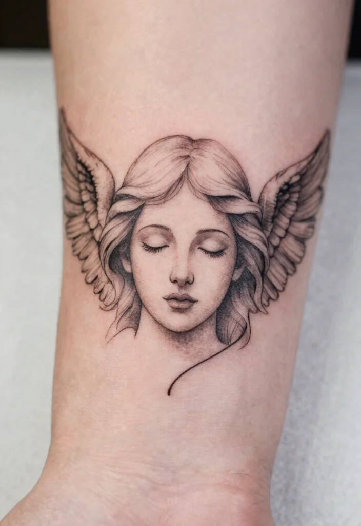 14 Beautiful Angel Tattoo Design Ideas for Women Soft and Elegant 12. Minimalist Angel Face 0