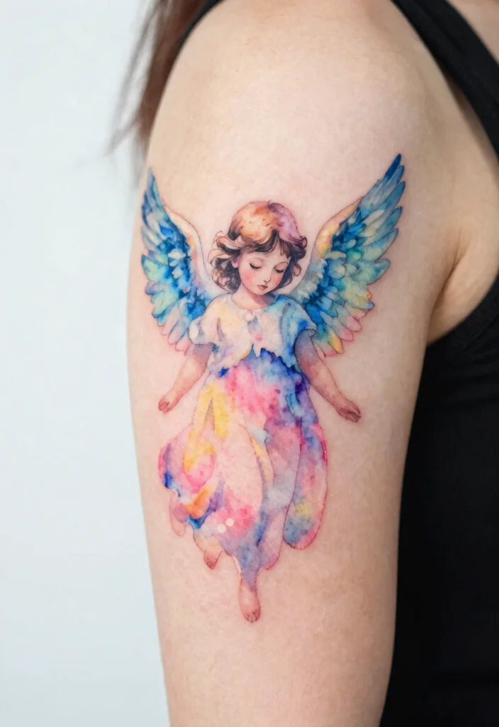 14 Beautiful Angel Tattoo Design Ideas for Women Soft and Elegant 2. Watercolor Angel 0