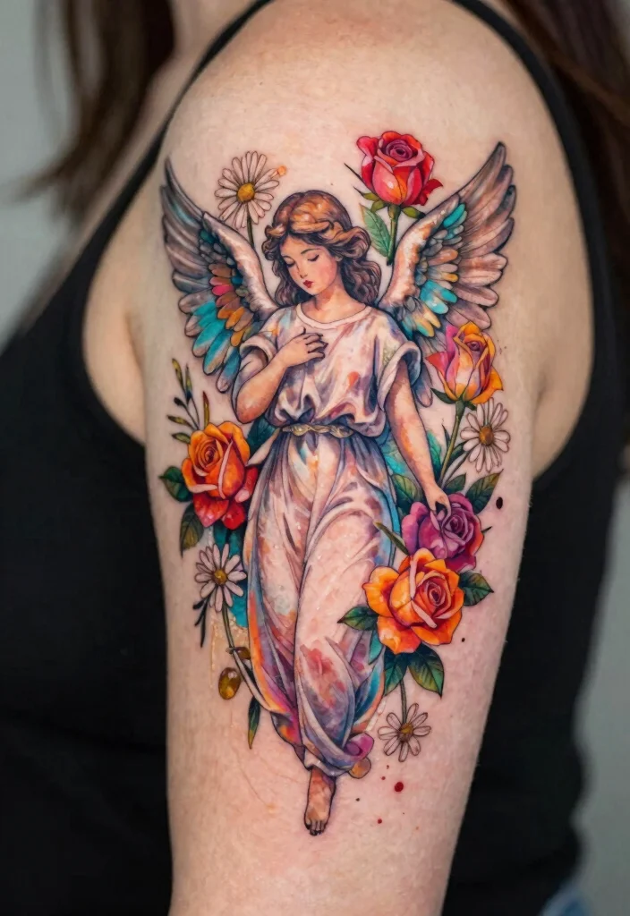 14 Beautiful Angel Tattoo Design Ideas for Women Soft and Elegant 4. Angel with Floral Accents 0