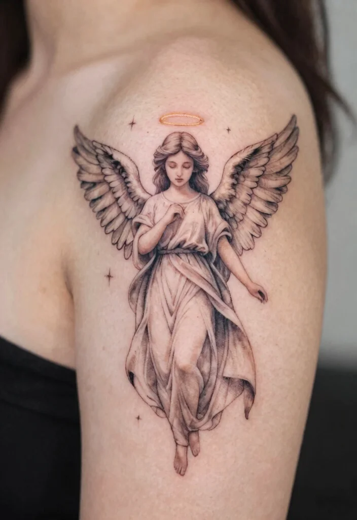 14 Beautiful Angel Tattoo Design Ideas for Women Soft and Elegant 5. Angel with a Halo 0