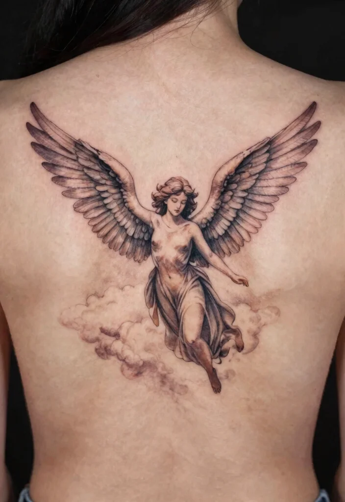 14 Beautiful Angel Tattoo Design Ideas for Women Soft and Elegant 7. Angel in Flight 0
