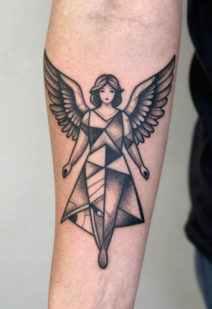 14 Beautiful Angel Tattoo Design Ideas for Women Soft and Elegant 8. Geometric Angel 0