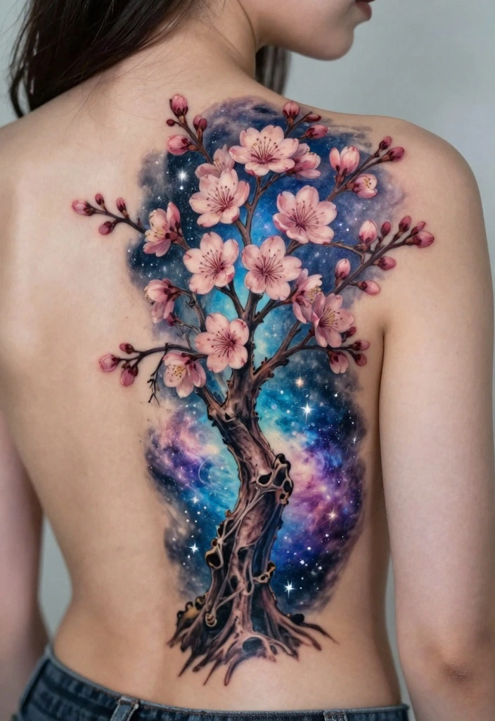 14 Cherry Blossom Tree Back Tattoo Ideas Elegant and Timeless 10. Cherry Blossom Tree and Galaxy Blend 0