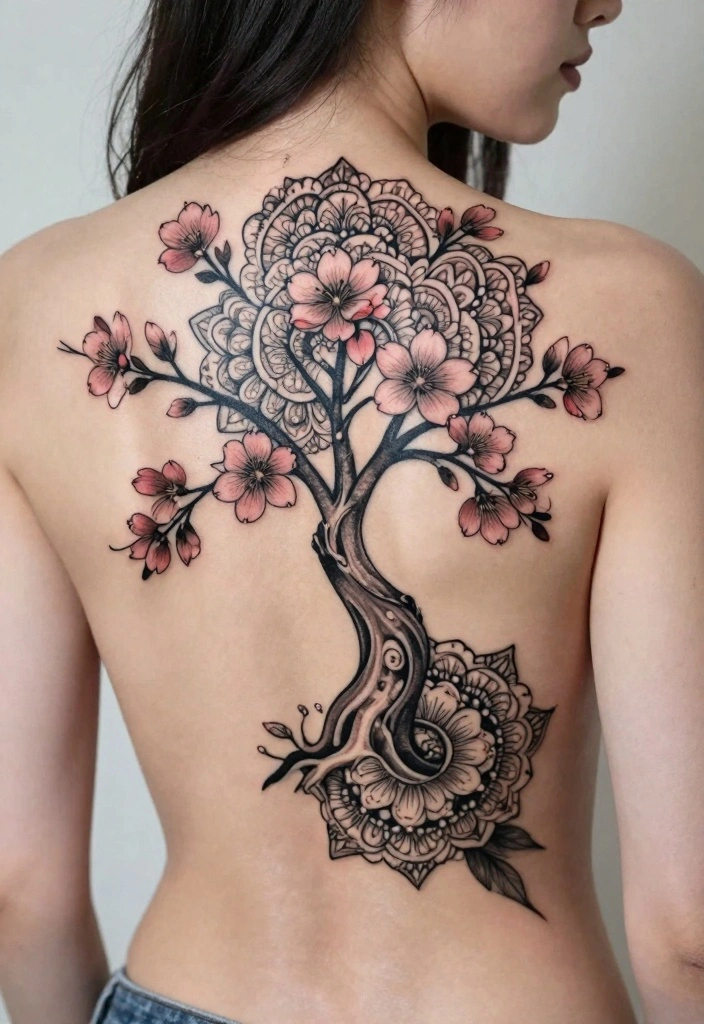 14 Cherry Blossom Tree Back Tattoo Ideas Elegant and Timeless 11. Cherry Blossom Tree with Mandala Elements 0