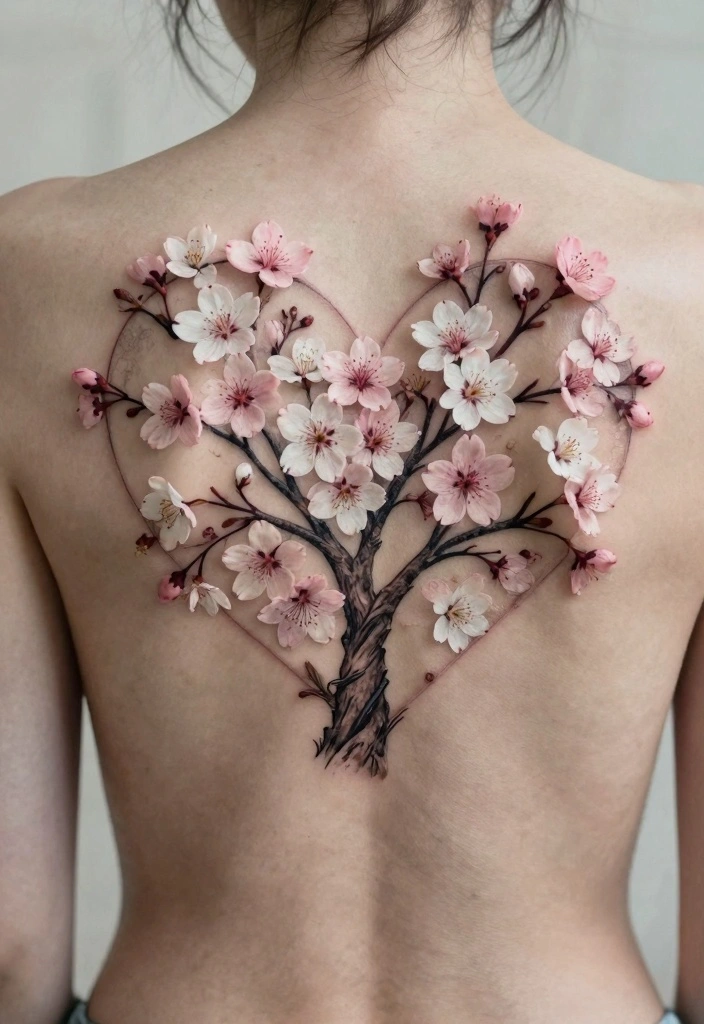 14 Cherry Blossom Tree Back Tattoo Ideas Elegant and Timeless 12. Cherry Blossom Tree in a Heart Shape 0