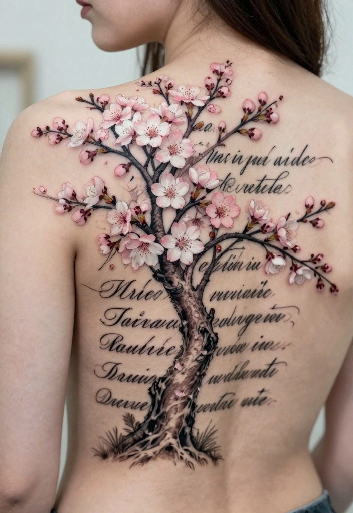 14 Cherry Blossom Tree Back Tattoo Ideas Elegant and Timeless 4. Cherry Blossom Tree with a Quote 0