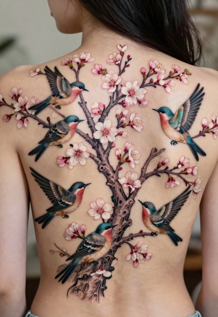 14 Cherry Blossom Tree Back Tattoo Ideas Elegant and Timeless 8. Cherry Blossom Tree with Birds 0