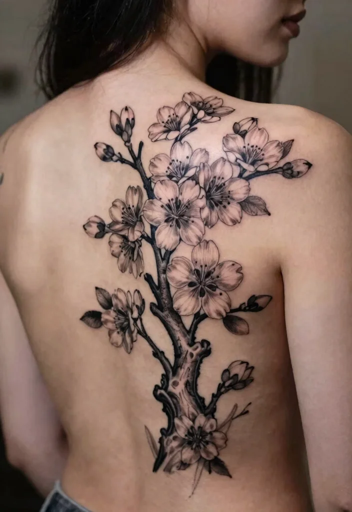 14 Cherry Blossom Tree Back Tattoo Ideas Elegant and Timeless 9. Cherry Blossom Tree in Black and Gray 0