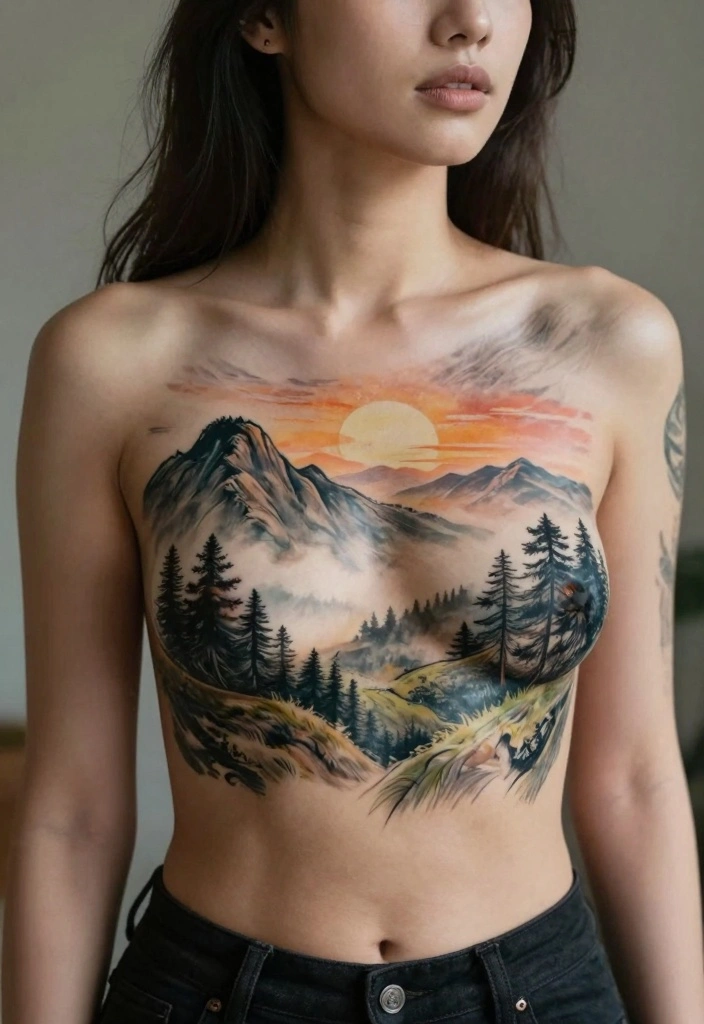 14 Chest Tattoo Cover Up Ideas for Women Clean and Natural 11. Serene Landscape Tattoos 0