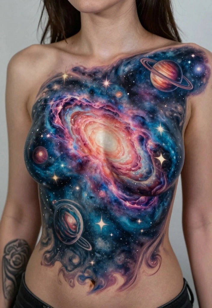 14 Chest Tattoo Cover Up Ideas for Women Clean and Natural 12. Dreamy Galaxy Tattoos 0