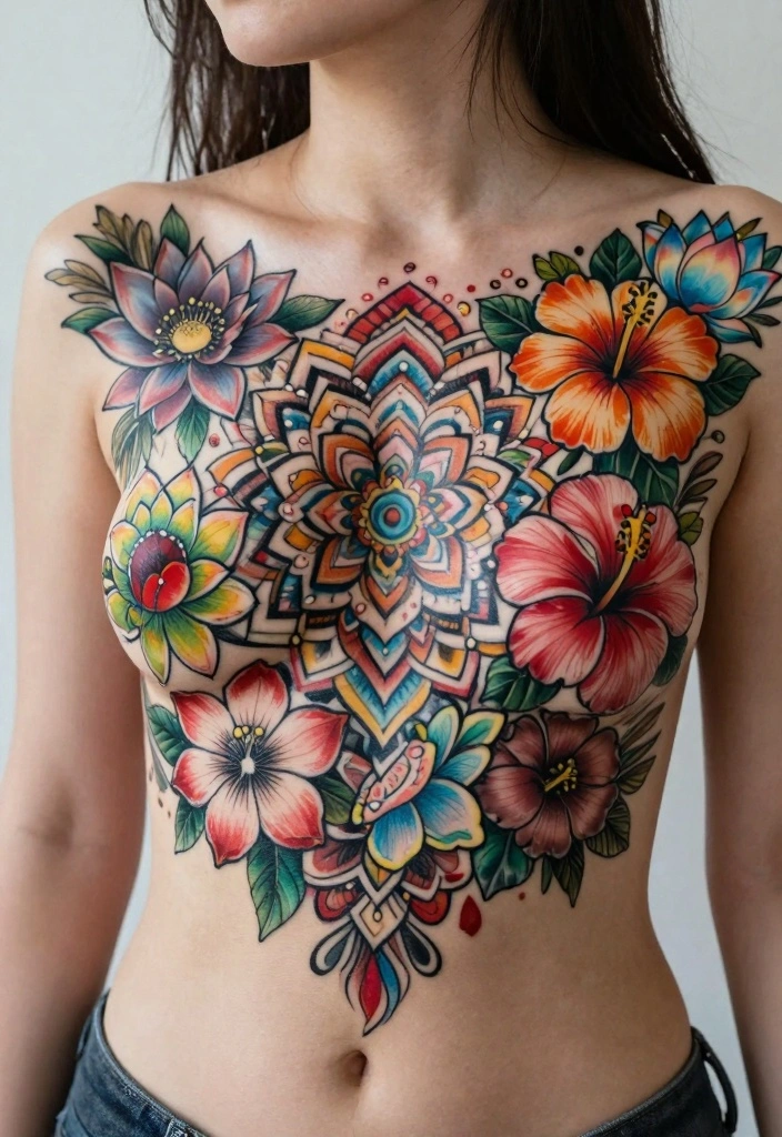 14 Chest Tattoo Cover Up Ideas for Women Clean and Natural 4. Vivid Floral Mandalas 0