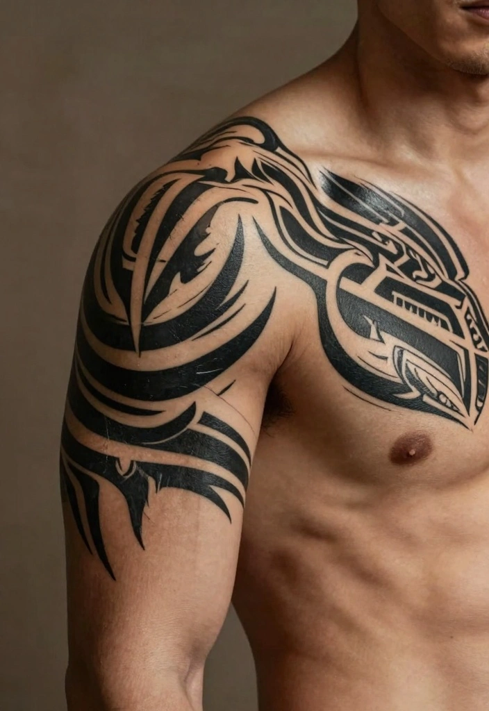 14 Chest to Shoulder Tattoo Ideas for Men Powerful Flow 1. Tribal Warrior Spirit 0