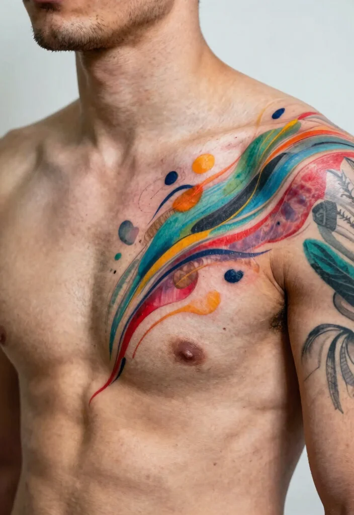 14 Chest to Shoulder Tattoo Ideas for Men Powerful Flow 10. Abstract Art 0