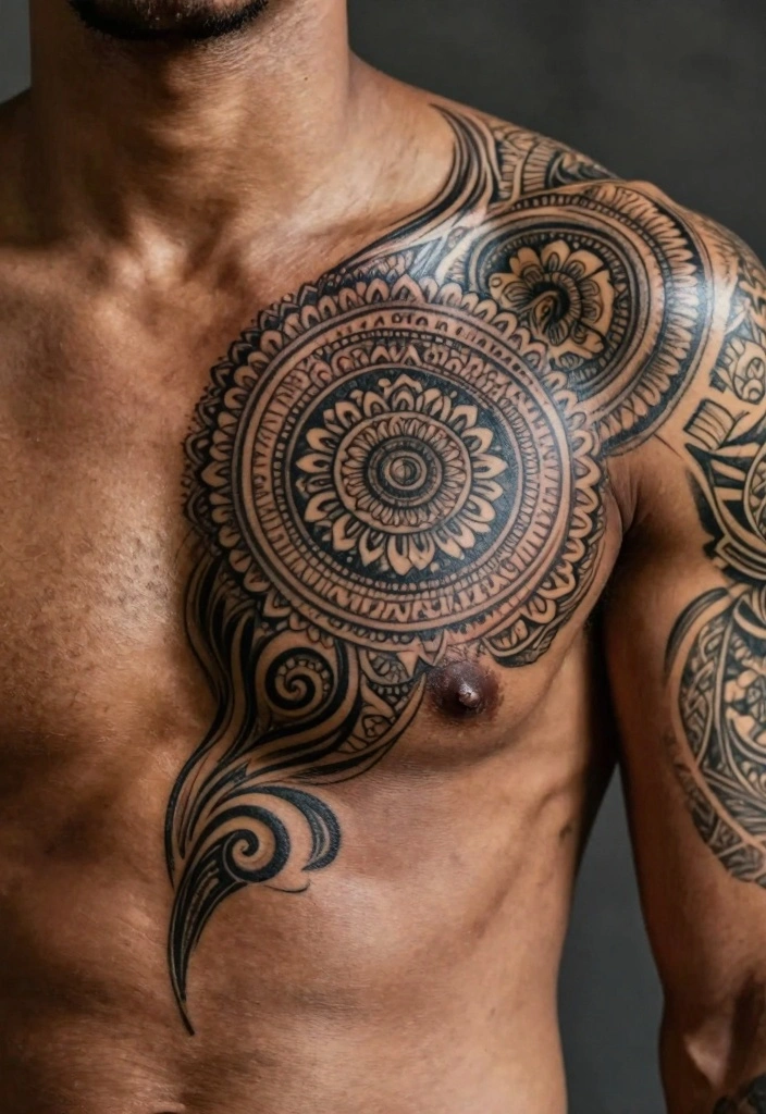 14 Chest to Shoulder Tattoo Ideas for Men Powerful Flow 11. Spiritual Symbols 0