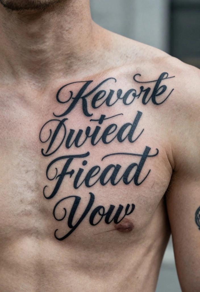 14 Chest to Shoulder Tattoo Ideas for Men Powerful Flow 14. Words of Strength 0