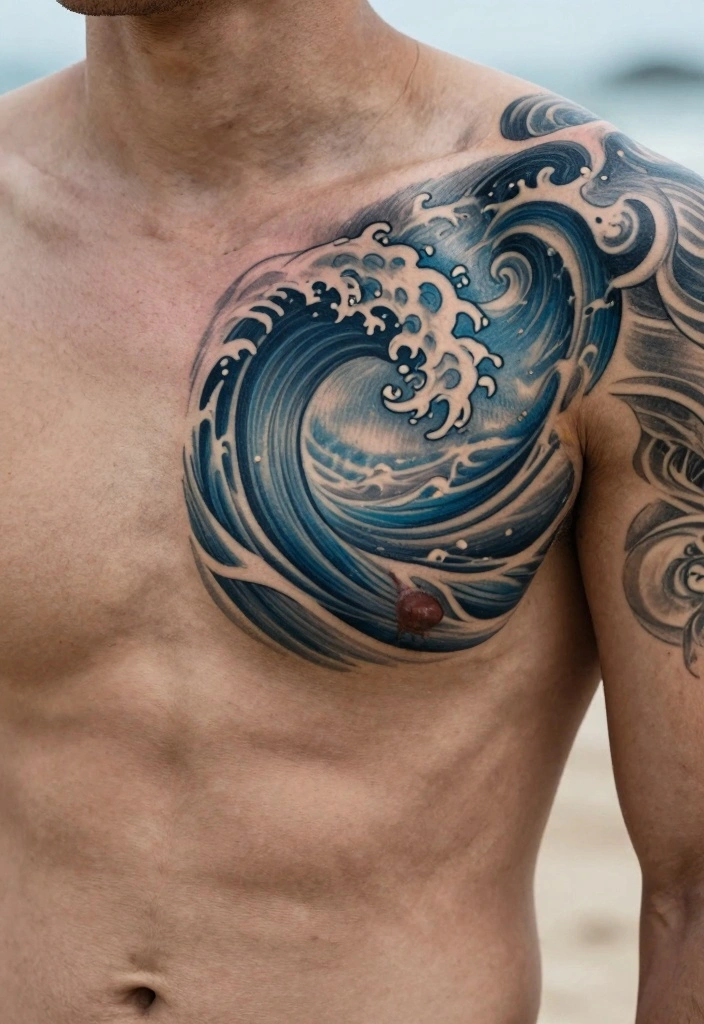 14 Chest to Shoulder Tattoo Ideas for Men Powerful Flow 2. Ocean Waves 0