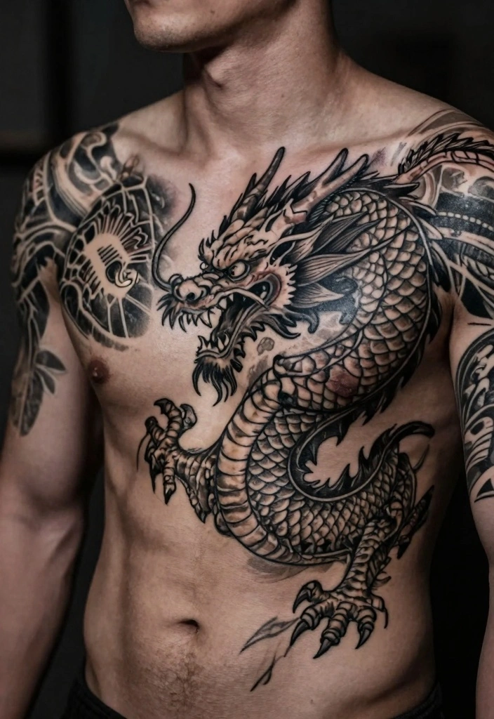 14 Chest to Shoulder Tattoo Ideas for Men Powerful Flow 3. Tribal Dragon 0