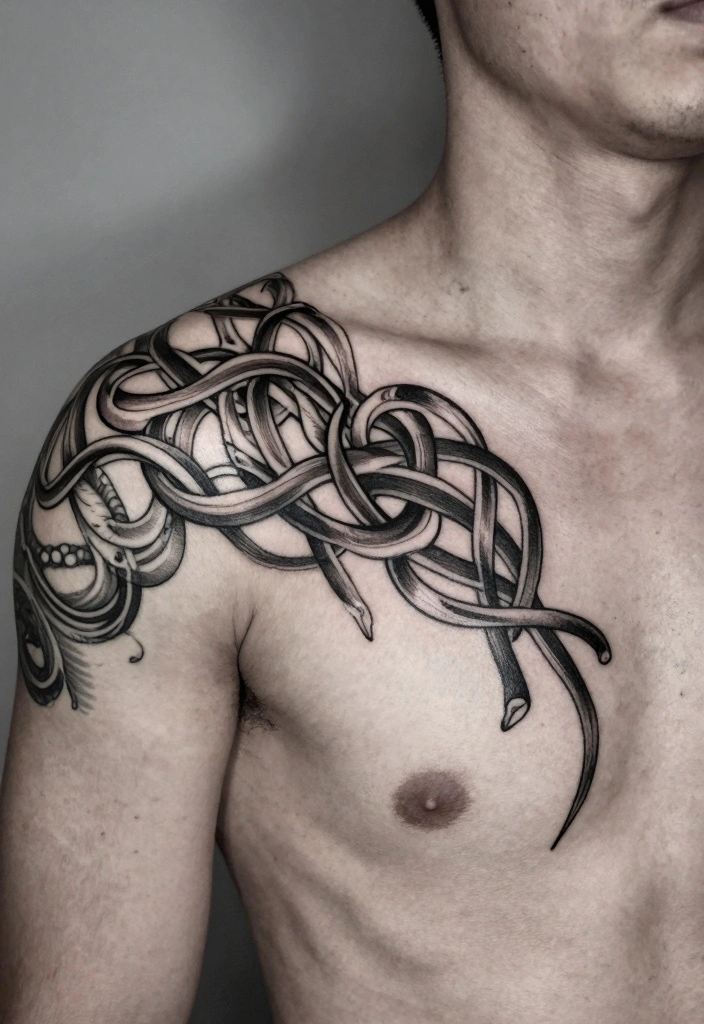 14 Chest to Shoulder Tattoo Ideas for Men Powerful Flow 4. Knot Patterns 0