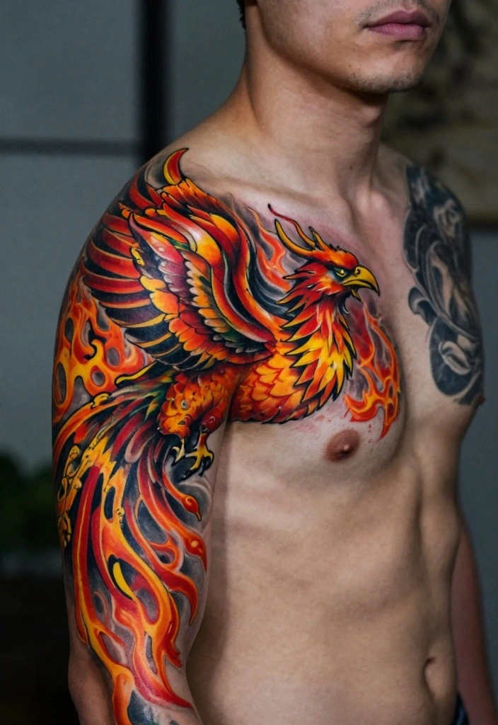 14 Chest to Shoulder Tattoo Ideas for Men Powerful Flow 7. Phoenix Rising 0